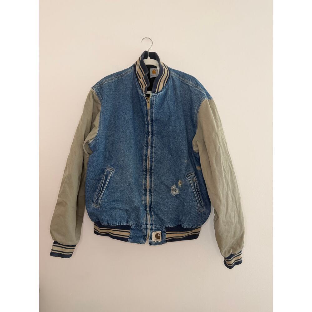 VTG Rare Distressed 1990s Carhartt Denim Jacket  Bomber XXL JQ0198 USA Varsity